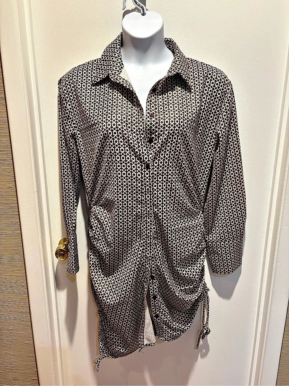 Fashion Nova One Way Satin Shirt Dress Geometric Mini Dress Brown & Cream Size